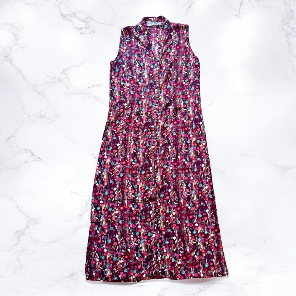 Vintage 90s Midi Dress Women’s Medium Multicolor Floral Button Up Cottage Boho
